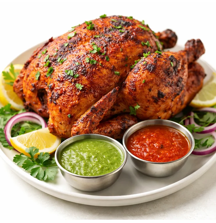 Whole roast tandoori chicken served with mint and tomato chutneys at Chandigarh Curry House Calgary